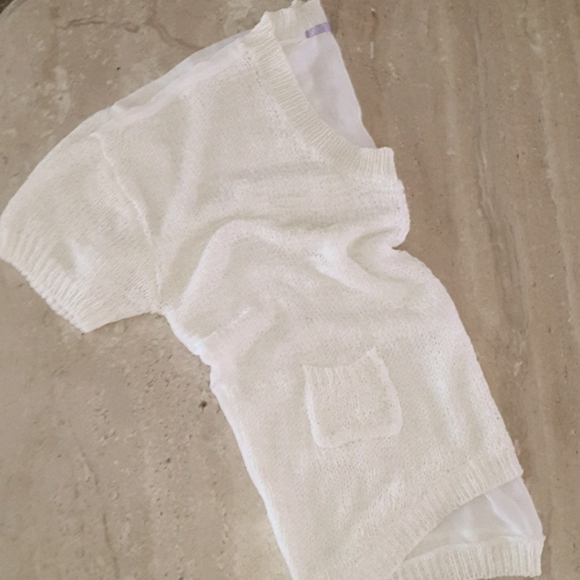 Cream Top Sweater Chiffon an Knit Short Sleeve Baggy Slouch - Picture 3 of 8